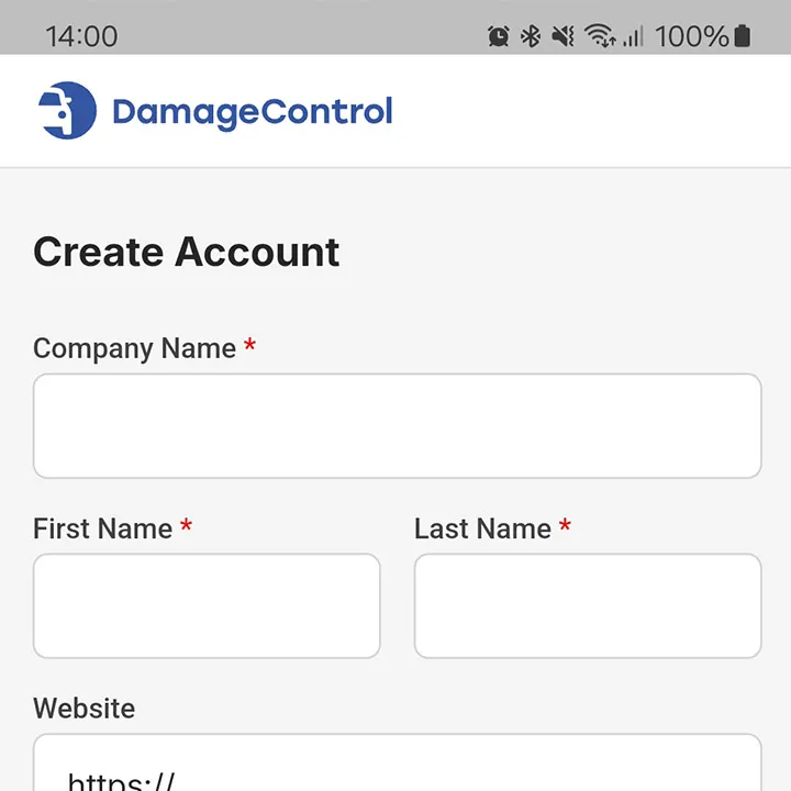 Mobile screen showing DamageControl account creation form with fields for Company Name, First Name, Last Name, and Website.