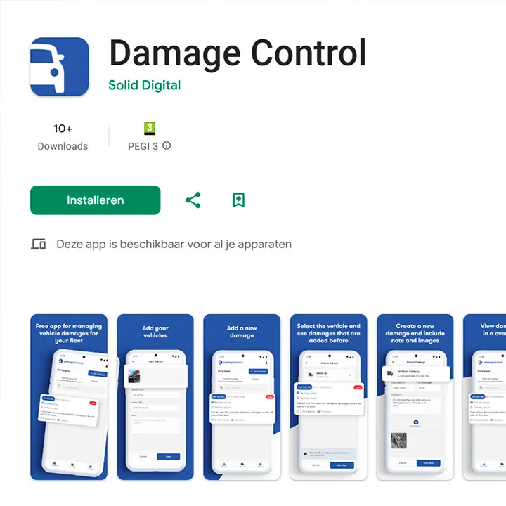 Google Play Store page for Damage Control app by Solid Digital with app installation button and screenshots showing vehicle damage management features.