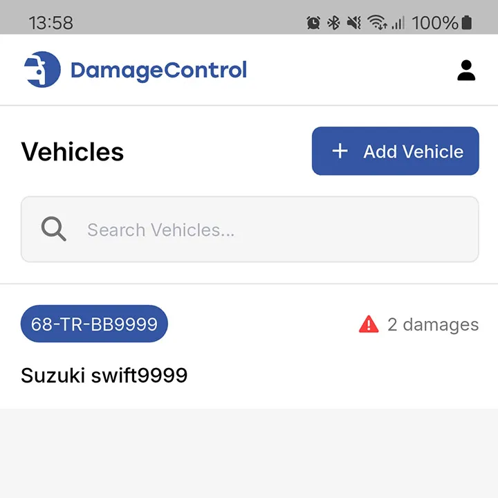 DamageControl app screen showing a Suzuki Swift vehicle with license plate 68-TR-BB9999 listed under Vehicles with 2 damages and options to search vehicles or add a vehicle.
